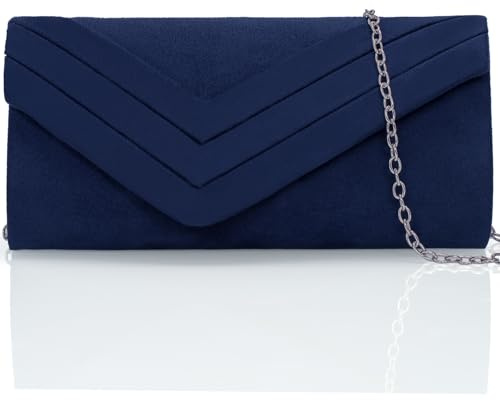 Larcenciel Bolso Mujer Azul Marino, Elegante Bolso de Mano de Ante con Cadena Desmontable, Sobre Clutch Fiesta de Noche Clásico Plisado, Cartera de Mano de Terciopelo para Boda, Fiesta, 22x11x5CM