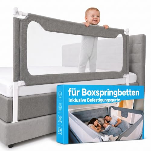Rausfallschutz Boxspringbett & Bettgitter Rausfallschutz – Bettschutzgitter Set inkl. Befestigungsmöglichkeiten - zertifizierte Sicherheit für Kinder, passend für Boxspringbetten (Einzelseite 180cm)