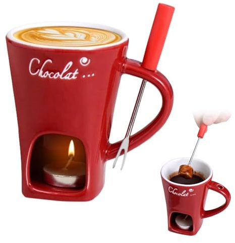 Hojalis Tasse À Fondue Au Chocolat, Céramique Tasse Fondue au Chocolat avec Fourchette et Bougie À Thé, 130ml Fondue Chocolat Bougie pour Le Fromage, Le Chocolat, Le Beurre et Le Caramel (Rouge)