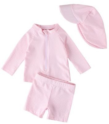 JiAmy Baby Girls Swimming Costume with Sun Hat 3PCS Long Sleeve Zip Up Rash Guard Shirt Swim Truck Infant Toddler Baby Swimsuit Pink 1-2 Years