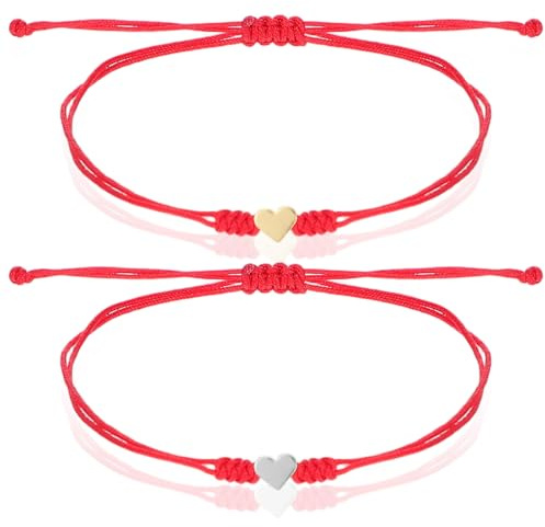WJIAAA Braccialetto con filo rosso, 2 pezzi oro argento cuore rosso stringa braccialetto per protezione con sacchetto nero per adolescenti, coppie, sorelle e amici, regalo di San Valentino