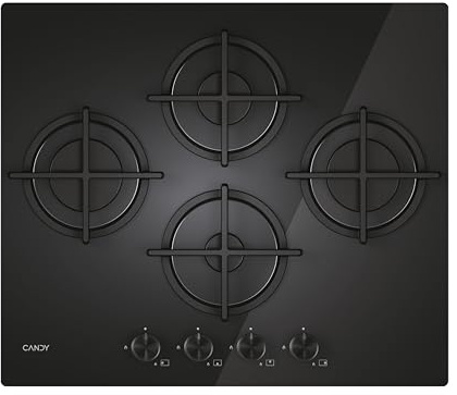 Candy CSG6DTB, Placa gas cristal, 4 fuegos, 60cm, Mandos independientes inox, Rejillas hierro fundido, Gas natural adaptable a butano, Válvula seguridad, 8150W, Negro