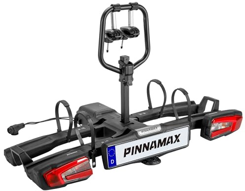 PINNAMAX e-bike bike rack for 2 bikes – foldable and tiltable rear rack for tow bars, up to 60 kg – rear rack with anti-theft protection, rear light and number plate holder (Bicycle rack)