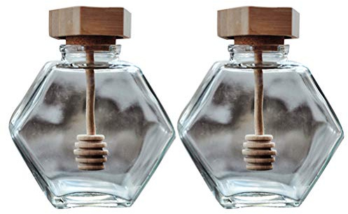 JEWEDECO Honigglas 2 Stück mit Holzdeckel 380ml aus Glas | Sechseckige Form, Dicht Verschlossen, Spiralförmig, mit Rührstab und Transparentem Behälter