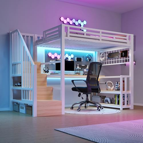 Merax Hochbett mit Schreibtisch 90x200 cm, Hochbett Metallbett，Mit LED-Leuchten & USB Steckdose, Treppenkonstruktionen mit Stauraum, Weiß(ohne Matratze)