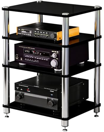 SZKTHD HiFi Rack AV Shelf 2/3/4-Tier HiFi Stand AV Media Stand Multifunctional Record Player Stand With Storage Shelves For Av Amp Turntable Sky Box Printer(Black,60 * 48 * 81cm(4Tier))