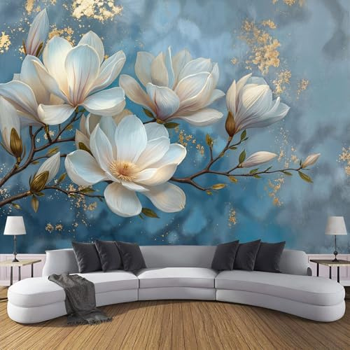 Vlies Fototapete 200X140Cm 3D-Aquarell-Magnolien Mit Goldfolie Retro-Pflanzen Wohnzimmer Schlafzimmer Moderne Wandbilder Wand Dekoration Blau Vliestapete Wandtapete Poster Für Kindertapete