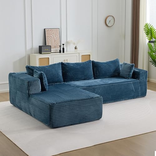 staronce Boneless Couch Ecksofa Cord modular Blau | L-förmiges Boneless-Sofa mit tiefer Sitzfläche, Chaiselongue & Ottomane – für Wohnzimmer, Schlafzimmer & Apartment