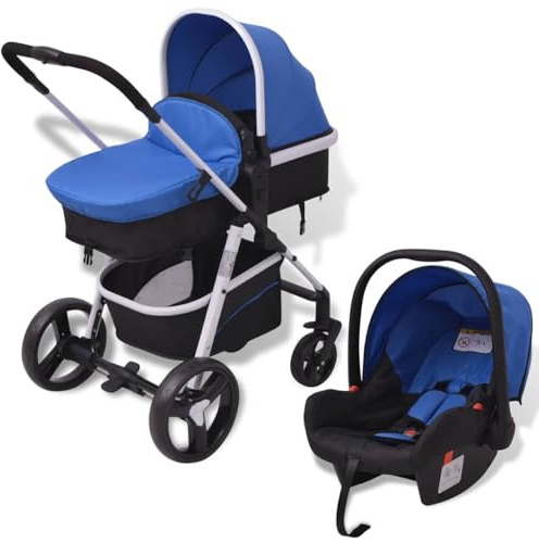 vidaXL 3-in-1 Kinderwagen Aluminium Blau und Schwarz