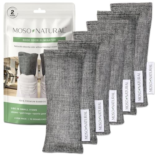 Moso Natural Insertos desodorantes para zapatos (paquete de 3) absorbente de olores de carbón para zapatos, bolsa de gimnasio y desodorante de botas, eliminación de olores de zapatos sin perfume