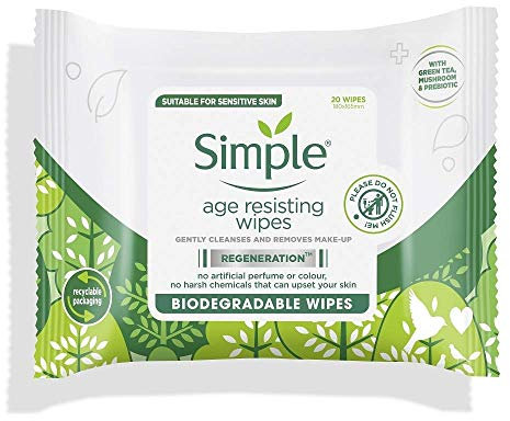 Simple Regeneration Age Resisting Biodegradable Facial Wipes remove make-up and fights premature ageing for sensitive skin 20 wipes,package may vary