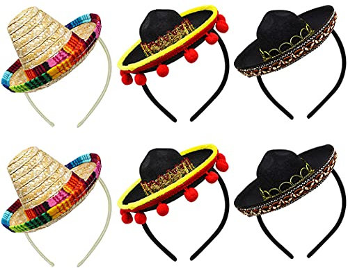 Yzpacc Set von 6 Cinco de Mayo Stroh Sombrero Stirnband Stoff Partyhüte mit Ball Fransen Dekoration für Fiesta Hut Partyzubehör, Dia de Muertos, mexikanische Themen Dekorationen Partyzubehör