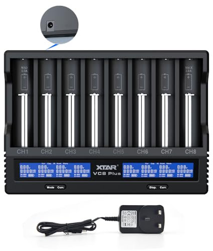 18650 Battery Charger 8 slot XTAR VC8 PLUS 3A Fast 21700 battery charger for 3.6V Liion and 1.2V AA C Batteries with UK plug in adapter