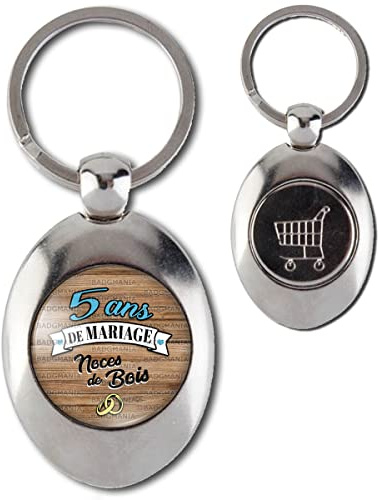 Badgmania Porte Clés Métal Ovale Jeton de Caddie 5 ans de Mariage Noces de Bois - Anneaux Anniversaire Mariage