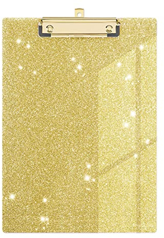 Planchette à pince décorative en acrylique pailleté format A4 standard 31,8 x 22,9 cm avec clip doré discret pour salle de classe, bureau – Doré
