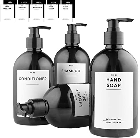MONOKO 4er Set Seifenspender Kunststoff Schwarz 500ml Flasche - Plastik Shampoo Spender zum Befüllen - Pumpflasche + Aufkleber
