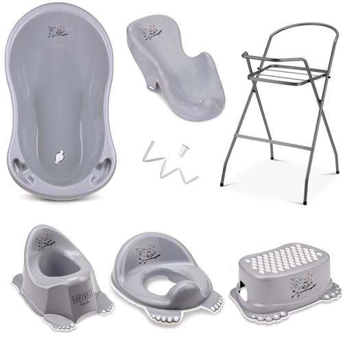 Baby Badewanne mit Gestell 7 Set TÜV Rheinland geprüft - Babybadewanne + Baby Badewannensitz + Ständer + Abfluss + Töpfchen + Hocker + WC Sitz Kinder