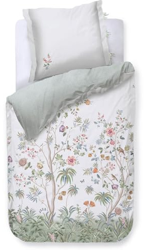 Pip Studio Bettwäsche Il Paradiso Weiß Perkal Bäume Blüten Sträucher Schmetterlinge Vögel Grün Geblümt Floral, Größe:135 cm x 200 cm