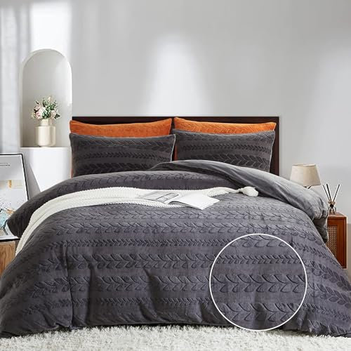 Freyamy Peluche Housse de Couette Flanelle 200x200cm Duveteux Polaire Sherpa Parure de lit 2 Personne Hiver Chaude avec Fermeture Éclair Gris Shaggy Linge de lit avec 2 Taie d'oreiller 65 x 65