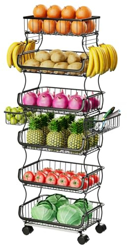 Simple Trending 6 Tier Rolling Cart, Stackable Fruit Vegetable Basket with Wheels and 2 Hanging Basket, Kitchen Storage Metal Wire Basket Stand for Vegetable Bread Snacks, Black
