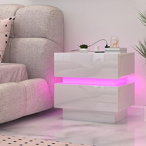 Rcynview Table de Chevet Blanche Brillante Avec Tiroir - 45 x 35 x 46 cm - Pour Salon, Chambre à Coucher, Lit