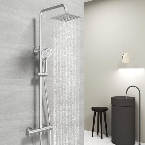 Acezanble Columna de Ducha Termostática 38 °C - Sistema de Acero Inoxidable Con Mezclador de Baño, Alcachofa 20 x 20 cm y 3 Chorros - Cuadrada