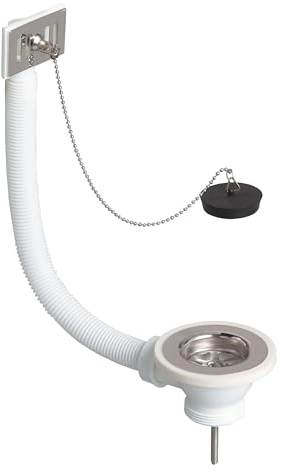 Wirquin 30723126 Bonde Évier 1 Bac Ø60 mm à Bouchon avec Trop-plein | Bouchon, grille inox, chaînette 30 cm avec borne d'attache, trop-plein rectangulaire, chromé
