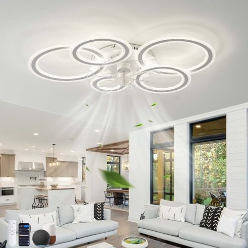 Deckenventilator Mit Beleuchtung Mit Fernbedienung APP Modern Dimmbar Speicherfunktion Smart Lampe Mit Ventilator Reversibel 6-gang Leise Schlafzimmer Ventilator Lampe Timing Wohnzimmer, Weiß Alexa