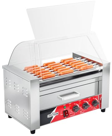 CROSSON Hot Dog 7 Roller with Bun Warmer&Transparent Sneeze Guard,Commercial 7 Nonstick 304 Roller Grill Cooker Machine