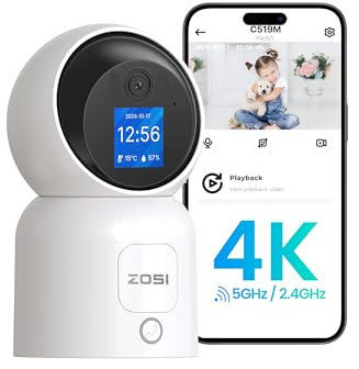 ZOSI 4K Caméra Intérieure WiFi sans Fil avec Ecran, Pan/Tilt 360° Vue Plug-in Caméra 2,4G/5G, Appel en Un Clic, Détection Humain et Suivi Automatique, Stockage Cloud, C519M8W