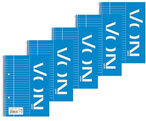 Leitz VON Collegeblock A5 linjerat, 5-pack, anteckningsblock med 160 sidor, 80 ark, perfekt för kontor, studier och skola, med marginal till vänster, 4577001