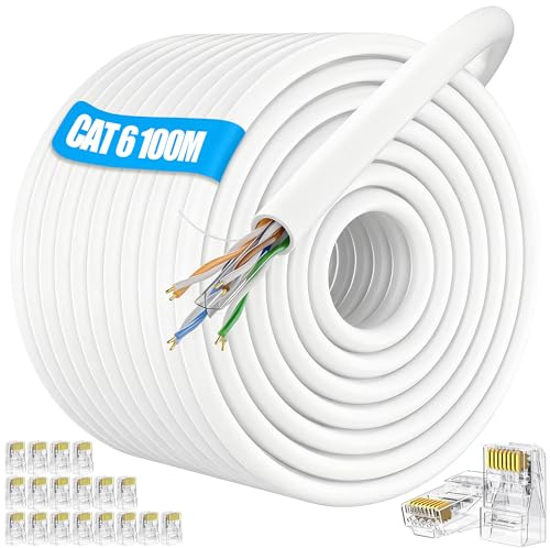 ikbc Cable Ethernet 100 Metros, Cable RJ45 Cat 6 100m Cable de Red Blanco | Cable para Internet 100 metros Alta Velocidad, UTP AWG23 Cable Lan 100m Imperméable con 20 Connecteurs RJ45