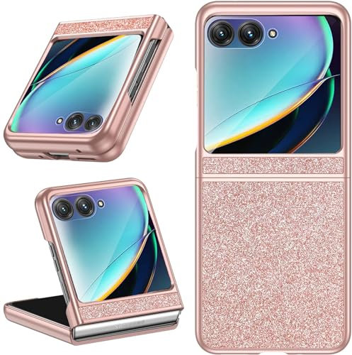 NINKI Motorola Razr 2024 Case with Screen Protector, Flip Case for Motorola Razr 50 2024 - Rose Gold, Glitter Leather Case with Rhinestone Design, Shockproof, Anti-Scratch, Slim & Lightweight