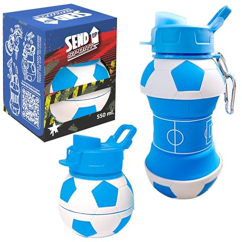 SEND UP Borraccia Calcio AZZURRI Squadra del Cuore, 550ml Pieghevole a 200ml, Senza BPA, Infrangibile, Lavabile Lavastoviglie, Tappo Vite Igienico, Materiale dal Silicio, Regalo Sportivo Ecologico
