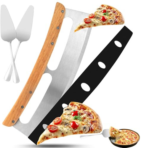 32 CM Pizzaschneider mit Holzgriff, Pizzamesser mit 2 Stück Kuchenschaufel, Profi Edelstahl Pizza Zubehör, Scharfes Wiegemesser für Geschnittene Pizza, Teig, Crêpes