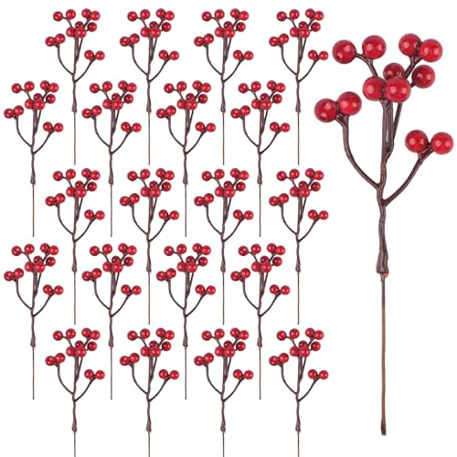 YiYa 24 Stück Weihnachten Holly Beeren Künstliche Rote Beeren Weihnachtsbeeren Rote Beeren Stiele für Weihnachten Christbaumschmuck Kranz Hochzeit, Handwerk