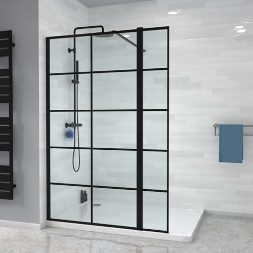 Nes Home Black Grid 800mm Shower Screen 8mm Tempered Glass & 300mm Return Panel