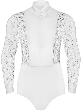 winying Herren Overall Body Einteiliger Tanzbody Glänzende Strass Latein Rumba Tanz Trikot Leotard Langarm Unterhemd Ballettanzug Weiß XL