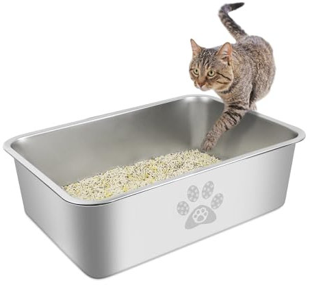 PTLOM Edelstahl Katzenklo, Große Katzentoilette aus Metall, Spritzwassergeschützt, Geruchsfrei und Antihaftbeschichtet, Katzenklo, Geeignet Für Große und Kleine Katzen, Kaninchen，49.5x34.5x15cm