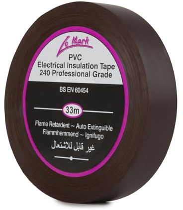 Le Mark Cinta aislante eléctrica de PVC marrón, 33 m x 19 mm, ignífuga, cumple con RoHS y BS EN 60454-2, resistente al agua y a la abrasión, fácil de desenrollar y rasgar, grado profesional