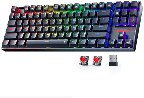 Redragon Wireless Gaming Keyboard, BT/2.4Ghz Tri-Mode Mechanical Keyboard with Aluminum Pannel, Hot-Swap Red Switch, Programmable 87 Keys TKL, LED Rainbow Backlit - K552-KRS