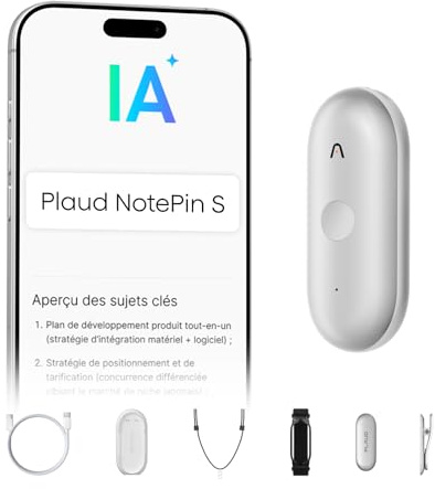 Plaud NotePin S KI Diktiergerät mit Aufnahmetaste 4 Zubehörteile (Silber) | Profis & Teams KI-Sprachrekorder Notizgerät Notizfunktion & Zusammenfassungen Aufnahmegerät für Vorlesungen, Meetings