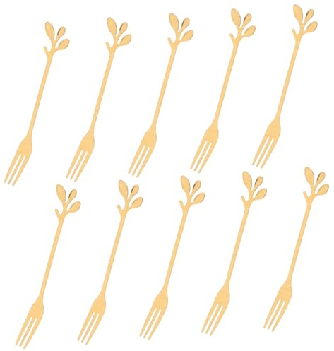 PartyKindom Juego De 10 Pequeños Tenedores De Postre De Acero Inoxidable Mango En Forma De Hoja Dorada, Portátiles y Versátiles Para Aperitivos, Fruta y Cócteles En Eventos y Picnics
