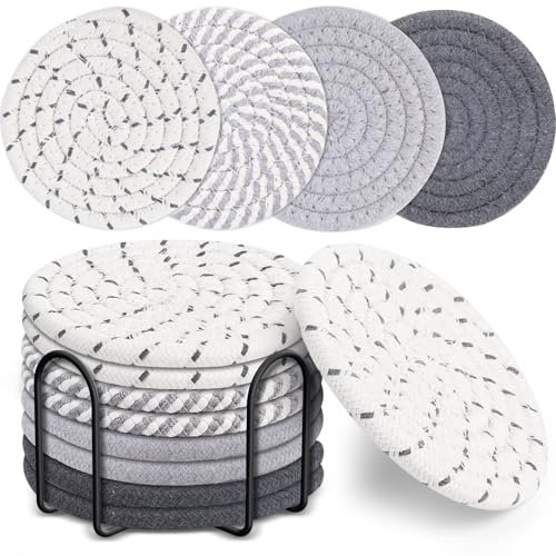 Neuytiky Dessous de Verre Ronds en Coton Tissés - Lot de 8 Antidérapants avec Support pour Boissons, Tasses, Bar, Café