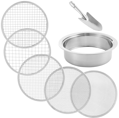 Tamiz de suelo de jardín, herramienta de jardinería de cribado de suelo, tamiz de , tamiz de jardín de acero inoxidable con 5 pantallas de malla intercambiables, juego de pala para compost,