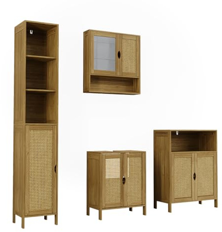 Vicco Badmöbel-Set Liora, Bambus/Rattan, 48 cm | besteht aus Waschbeckenunterschrank, Spiegelschrank, Hochschrank und Midischrank