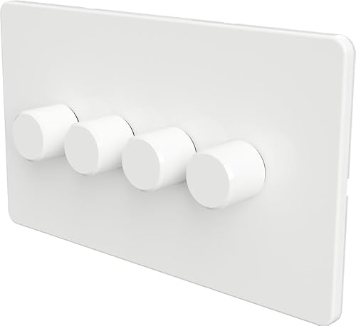 LED Dimmer Switch [Plastic Knob/Plastic faceplate] 2-way Rotary Push On/Off for Dimmable LED and Halogen Lights, minimum brightness adjustable - White 4-Gang