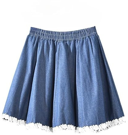 Falda Vaquera Mini Plisada De Talle Alto para Mujer, Estilo Skater, De Corte A, Color Liso, Informal, Acampanada, con Ribete De Encaje, Elegante, Básica, para Fiestas, Salidas, Azul, Talla Única