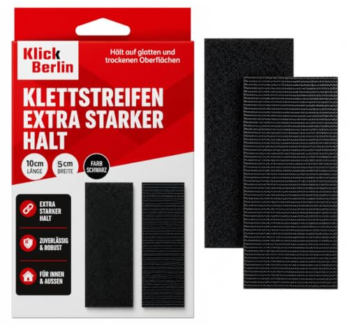 Klick Berlin Klettstreifen Selbstklebend Extra Stark | 5 cm x 10 cm | klebt auf vielen Flächen | Klettverschluss | 50mm breit, 100 mm lang Klettband