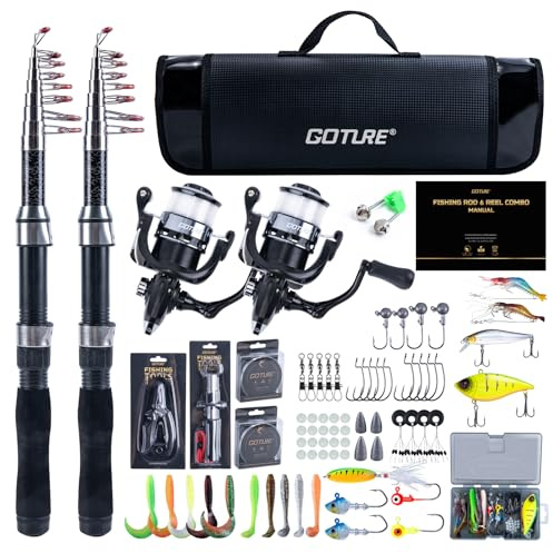 Goture Angelset mit 2 Teleskop-Angelruten, 2,5m Angelrute Set Komplett 2 5.2:1 Spinnrolle, Schnur, Köderbox & Tragetasche – für Salz-/Süßwasser, Reisen–Angelgeschenk